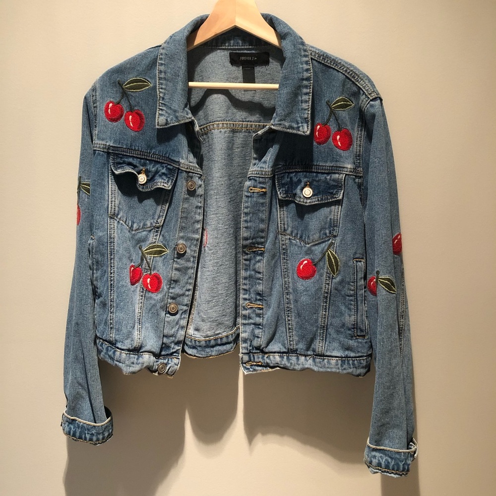Forever 21 embroidered cherry jean denim jacket